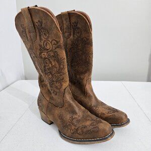 Roper Womens Cognac Snip Toe Embossed Boots Size 10 Faux Leather Western Ranch